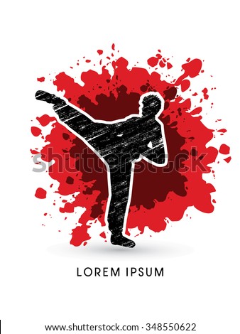 Kung fu pose, man kicking designed using grunge brush on splash blood background graphic vector.