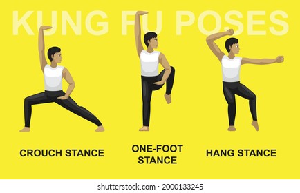 Kung Fu Poses Crouch Stance One-Foot Hang Cartoon Vector Illustration