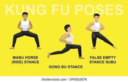 Kung Fu Poses Mabu Horse Gong Bu False Empty Subu Stance Cartoon Vector Illustration