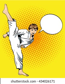 Kung fu postion, little boy vector illustration in pop art retro comic style
