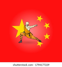 A Kung Fu pugilist striking a fighting pose against a China flag emblem. Vector illustration.