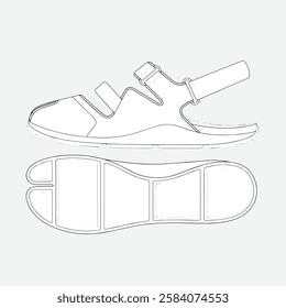 Kung fu sandals design technical flat sketch vector mockup template.