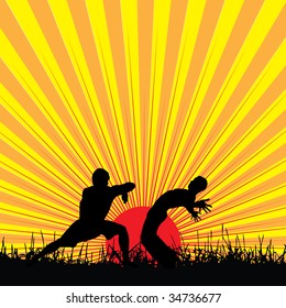 kung fu at sunset, vector illustration