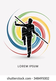 Kung Fu, Wushu with stick pose, designed using grunge brush on spin circle graphic vector.