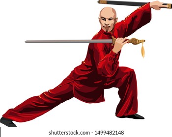 Kung Fu, Wushu With Sword Pose Graphic Vector.