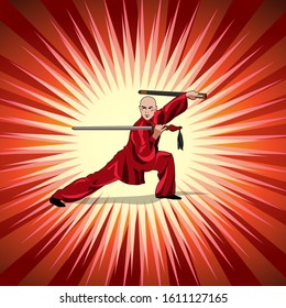 Kung Fu, Wushu With Sword Pose Cartoon Graphic Vector. Red Background.