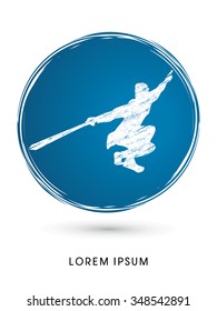 Kung Fu, Wushu with sword pose, designed using grunge brush on circle background graphic vector.