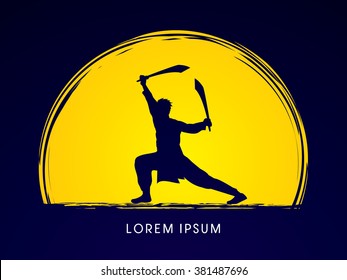 Kung Fu, Wushu with sword pose, designed on moonlight background graphic vector.