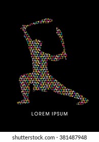 Kung Fu, Wushu with sword pose, designed using colorful mosaic graphic vector.