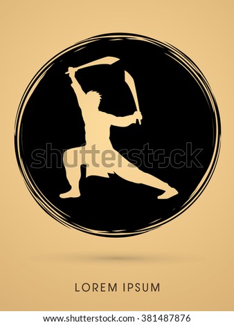 Kung Fu, Wushu with sword pose, designed on grunge circle background graphic vector.