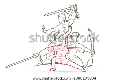 Kung Fu, Wushu with swords, Group of people pose kung fu fighting action graphic vector.
