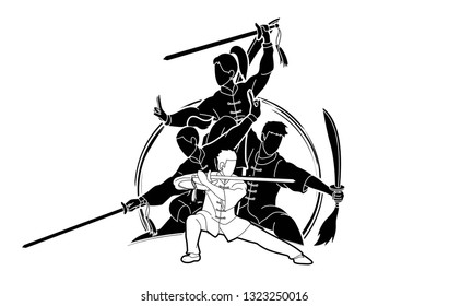 Kung Fu, Wushu With Swords Pose Graphic Vector.