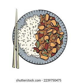 Kung pao chicken chinese food. Asian cuisine. Flatlay vector illustration