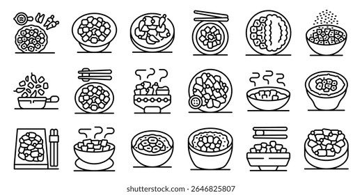  Ícones de frango Kung pao definidos. Conjunto de ícones judaicos shabbat cholent mostrando várias maneiras de cozinhar e servir, incluindo ingredientes e utensílios