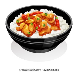 Kung pao chicken with peppers and vegetables served with rice. Chinese food vector illustration