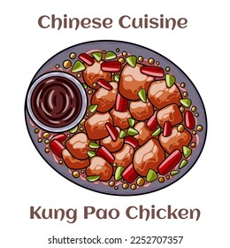 Kung Pao Chicken. A spicy stimfry dish made with chicken, peanuts, vegetables, and chilli peppers. Chinese food. Vector image isolated.