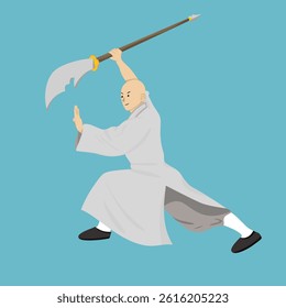Kungfu Boy Doing Staff Guard Pose 