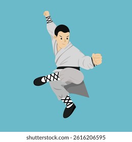 Kungfu Boy Performing Teng Kong Ti Ji" (腾空踢击) Jumping Kick Attack Pose