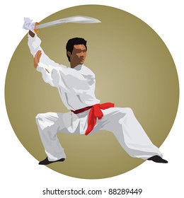 Kung-fu fighter with sword. Color vector illustration