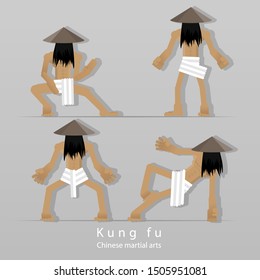 Kung-fu monk, training with  traditional Chinese Coolie hat, and white loincloth, in four poses , cartoon flat character illustration for web and print  