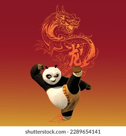 Kungfu panda with dragon iconic poster design vector