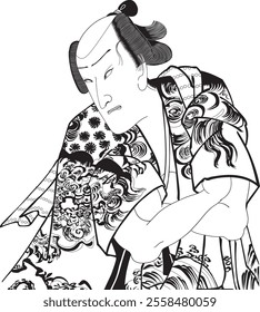 Kunichika Toyohara’s Ichimura Uzaemon depicts the Kabuki actor as a loyal samurai. Vivid details in costumes and expressions highlight Uzaemon’s individuality and stage presence.