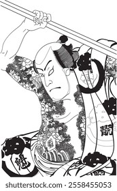 Kunichika Toyohara’s Kyogen under the Turret features Nakamura Shikan as Danshichi Kurobei. Vivid colors and details highlight his dynamic presence and Kabuki's energy.
