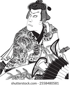 Kunichika Toyohara’s Mitate Actor Suikoden: Warrior's Takematsu (1873) depicts Kawarazaki Sansho as Takematsu. Vivid details highlight the character’s strength and Kunichika’s skill in actor portraits