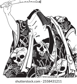 Kunichika Toyohara’s Mitate Irohaawase Nozarashi Gosuke is an ukiyo-e blending Edo-period storytelling and actor charm, inspired by Iroha songs and specific scenes.