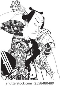 Kunichika Toyohara’s Onoue Kikugoro Gekidan depicts Kikugoro Onoe in a Kabuki performance. Vivid details highlight his luxurious costume, stage presence, and contributions to Kabuki.