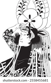 Kunichika Toyohara’s Sanamori Edo no Hanayaku portrays Bando Mitsugoro’s elegance and power. Vivid colors and details depict Edo Kabuki’s rich culture and Mitsugoro’s artistry on stage.