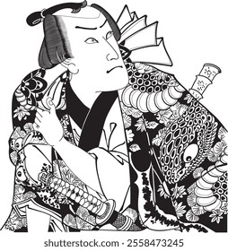 Kunichika Toyohara’s A Set of 10 Actor-Mitate-Jyukko-Series depicts Kumago no Kinzo, played by Ichikawa Kyuzo. Vivid colors and centipede motifs emphasize the character’s strength and chivalry.