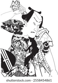 Kunichika Toyohara’s ukiyo-e portrays Onoe Kikugoro, a leading Edo-period Kabuki actor. Vivid colors, detailed expressions, and precise backgrounds capture his stage presence and Kabuki’s elegance.