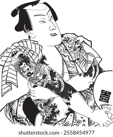 Kunichika Toyohara’s ukiyo-e portrays Onoe Kikugoro, a famed Edo-period Kabuki actor. Vivid colors, detailed expressions, and stage settings highlight his powerful presence and Kabuki’s charm.