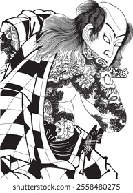 Kunichika Toyohara’s Yakusha-e Danshichikurobei depicts the Kabuki actor as a proud samurai. Vivid details and expressive poses highlight his loyalty and strength in Chushingura.