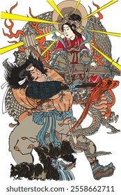 Kuniteru Utagawa’s Japanese and Chinese Heroes depicts legendary warriors from Japan and China. Vivid colors and dynamic poses highlight their strength, pride, and heroic battles, bringing the story t