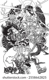 Kuniteru Utagawa’s Japanese and Chinese Heroes depicts legendary warriors from Japan and China. Vivid colors and dynamic poses highlight their strength, pride, and heroic battles, bringing the story t