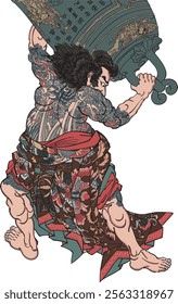 Kuniyoshi Utagawa's "One of the 108 Great Suikoden Heroes: Du Xing, the Demon Eyelid" depicts Du Xing’s fierce strength. Bold expressions, detailed armor, and vivid battle scenes highlight his power.