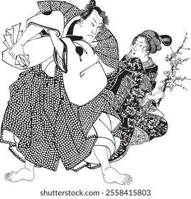 Kuniyoshi Utagawa's ukiyo-e, Genji Cloud Ukiyo-gaai Kobai, Rokusuke Ketani Village, Oen'' is a work that depicts various characters along with those from The Tale of Genji. This ukiyo-e mainly depicts
