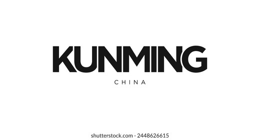 Kunming in the China emblem. The design features a geometric style, vector illustration with bold typography in a modern font. The graphic slogan lettering.