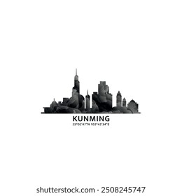 Kunming panorama, vector badge, skyline logo and icon. China, Yunnan region city horizon logotype with landmarks and building silhouettes. Isolated foggy abstract gradient graphic