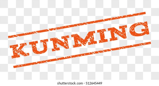 Kunming watermark stamp. Text caption between parallel lines with grunge design style. Rubber seal stamp with unclean texture. Vector orange color ink imprint on a chess transparent background.