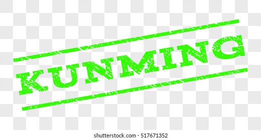 Kunming watermark stamp. Text tag between parallel lines with grunge design style. Rubber seal stamp with dirty texture. Vector light green color ink imprint on a chess transparent background.