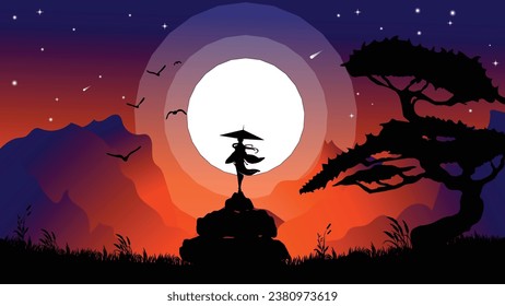 kunoichi samurai girl japan wallpaper 4K desktop. samurai and witch background. sunset vibe and full moon. landscape view illustration vector background