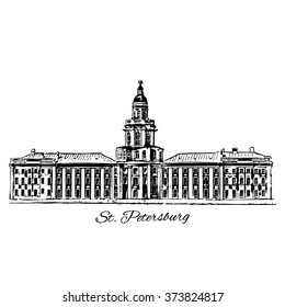 The Kunstkammer or Kunstkamera Building hosts the Peter the Great Museum of Anthropology and Ethnography, St. Petersburg landmark, Russia, Vector sketch with space for your text isolated on white