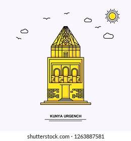 KUNYA URGENCH Monument Poster Template. World Travel Yellow illustration Background in Line Style with beauture nature Scene