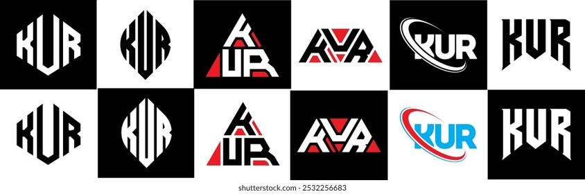 KUR letter logo design in six style. KUR polygon, circle, triangle, hexagon, flat and simple style with black and white color variation letter logo set in one artboard. KUR minimalist and classic logo