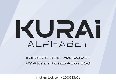 Fuente del alfabeto kurai. Cartas y números futuristas. Tipo vectorial de material para su diseño en estilo deportivo.