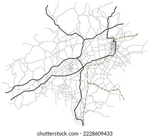 Kurashiki city map (Japan) - town streets on the plan. Monochrome line map of the  scheme of road. Urban environment, architectural background. Vector 