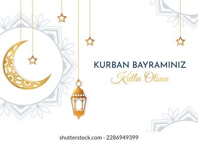 Kurban Bayram banner. Traditional Islamic holiday. Culture and religion, Ramadan. Sacrifice Eid al Adha Mubarak feast. Holy days of muslim. Greeting postcard. Cartoon flat vector illustration